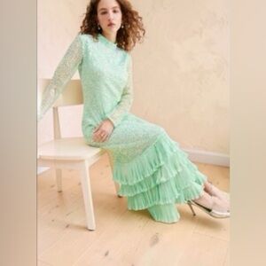 Anthropologie Bhanuni by Jyoti Sequin Ruffle Maxi Dress Mint Green Tiered Size M